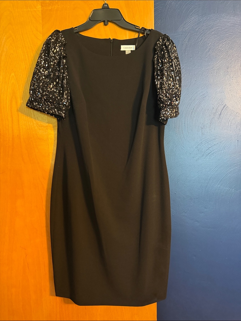 Calvin Klein Black Mini Dress with Sequin Puff Sleeves